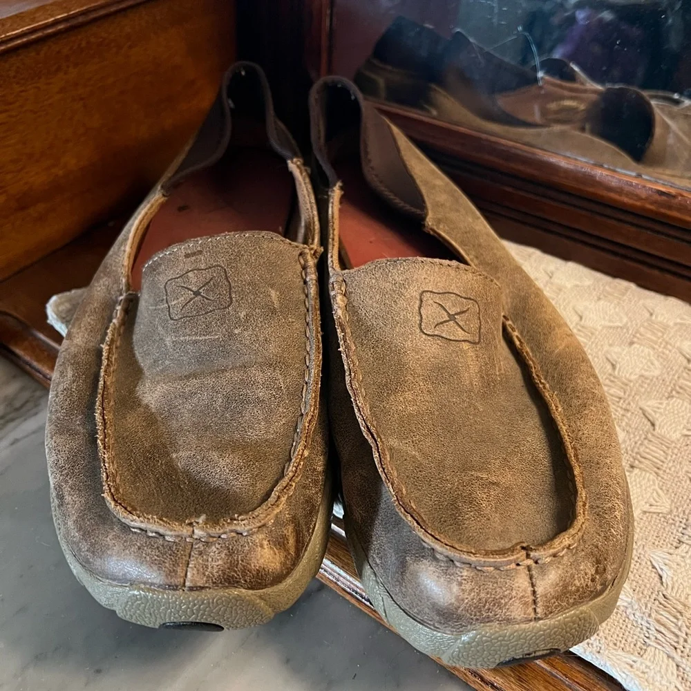 TWISTED X Classic Leather Slip On Driving‎ Moccasin Tan & Brown Men's Size 8 EUC